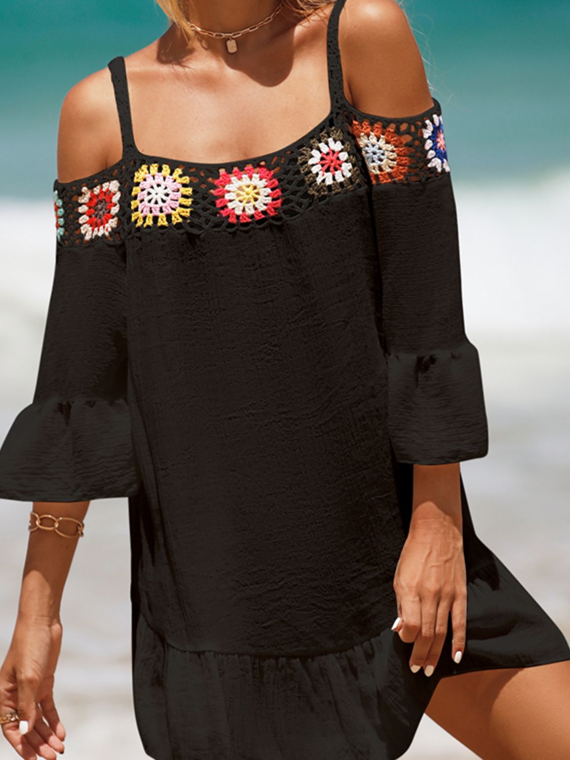 Crochet Cold Shoulder Three-Quarter Sleeve Cover Up Crochet Cold Shoulder Three-Quarter Sleeve Cover Up